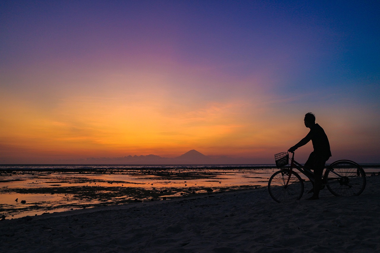 beach, sunset, nature, cycling, man, sea, bicycle, silhouette, late afternoon, sky, natural, landscape, scenery, indonesia, lombok, island